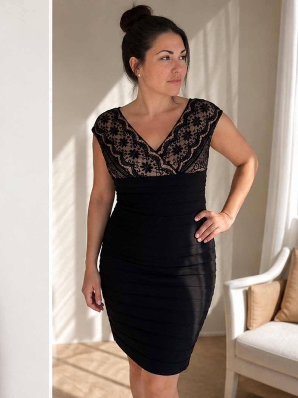 Adrianna Papell Black Lace-Overlay V-Neck Ruched Midi Dress